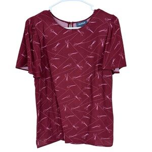 🥑5/$25 ModCloth Womens S My Heart Flutter Woven Top Burgundy Scissors Print